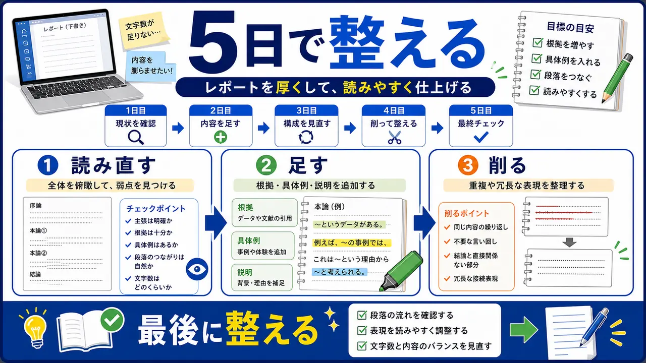 レポートの文字数不足を5日間で整える手順図