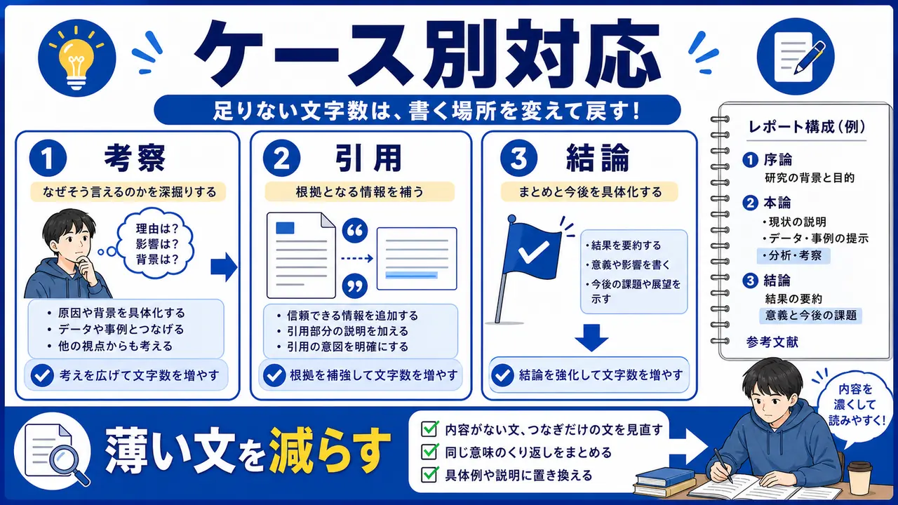 考察不足、引用不足、導入が短い、結論が弱いケース図