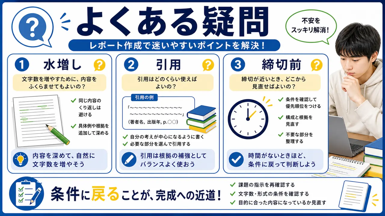 大学レポートの文字数不足でよくある質問を整理する図