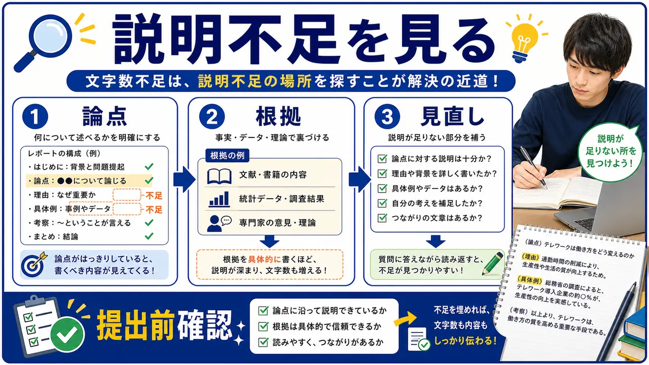 レポートを論点、根拠、具体例で見直すまとめ図