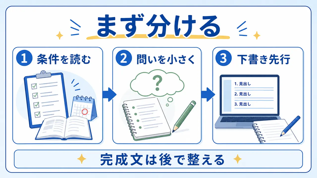 レポートが進まない大学生が、条件確認、問いの整理、下書きを分けて進める図
