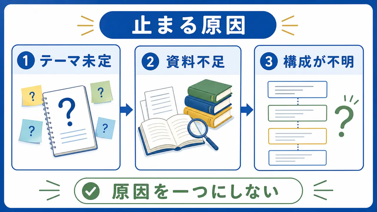 レポートが止まる原因を、テーマ未定、資料不足、構成不明、引用不安に分ける図