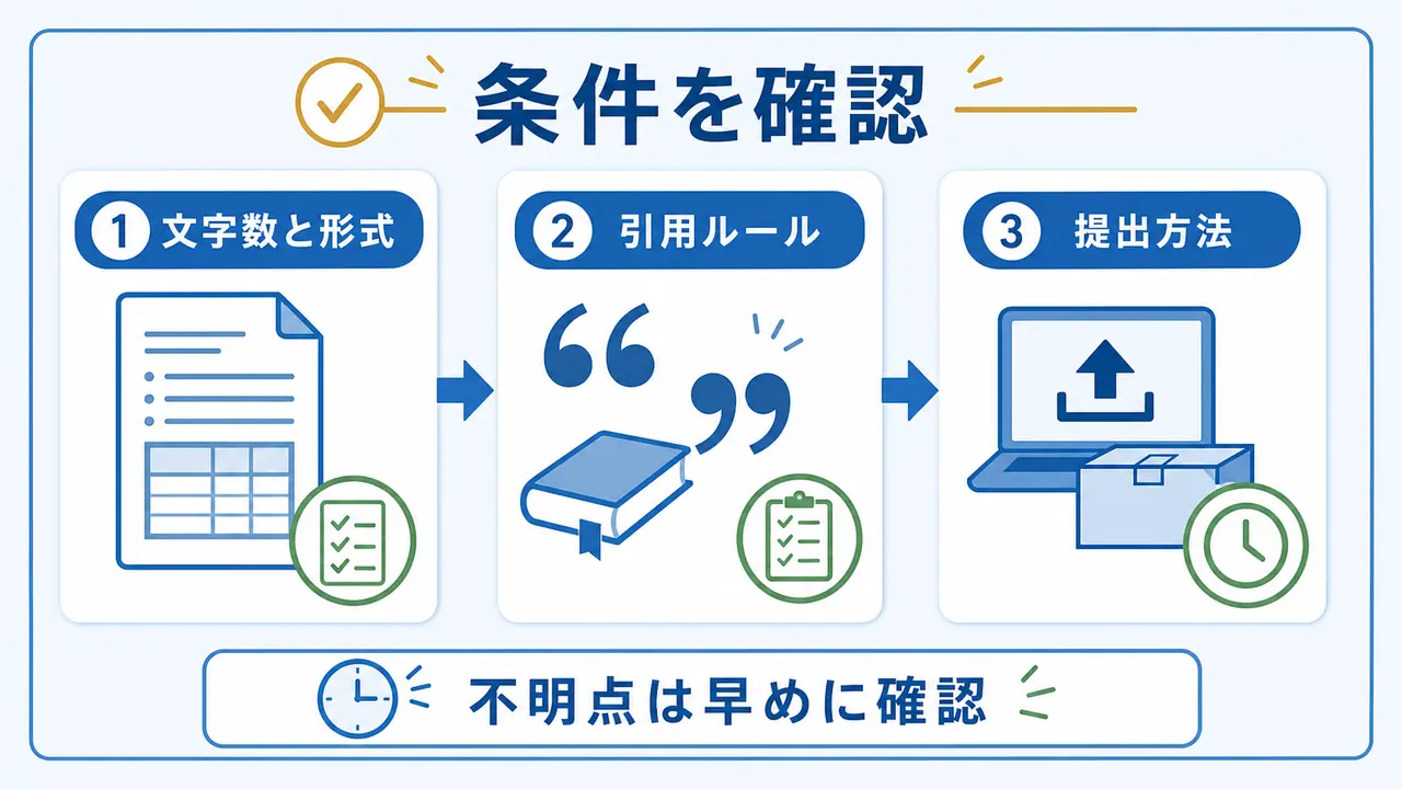 大学のレポート課題で、文字数、引用ルール、提出方法、評価条件を確認する図