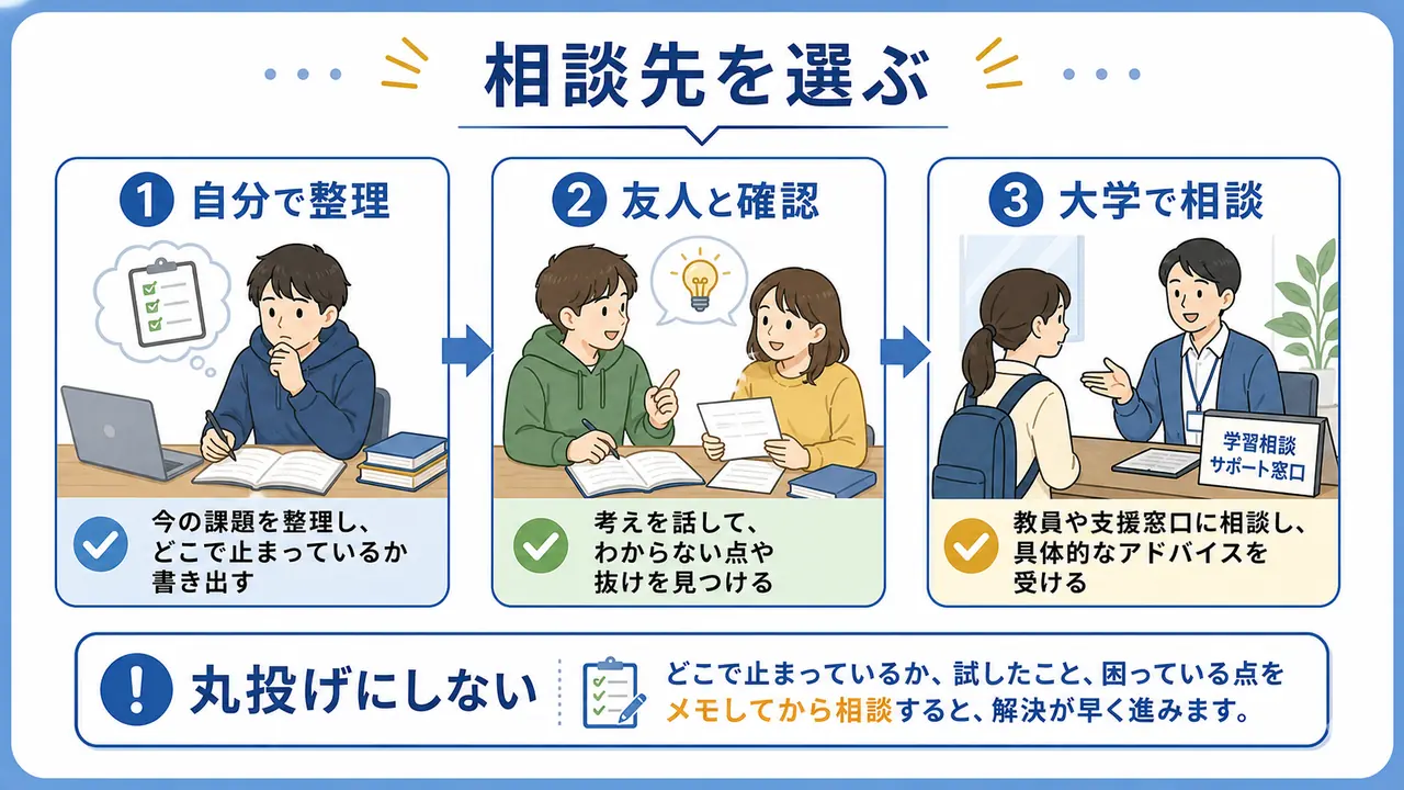 大学生がレポート作成で、自分で整理する、友人に確認する、教員に相談する、大学の支援を使う選択肢を比較する図