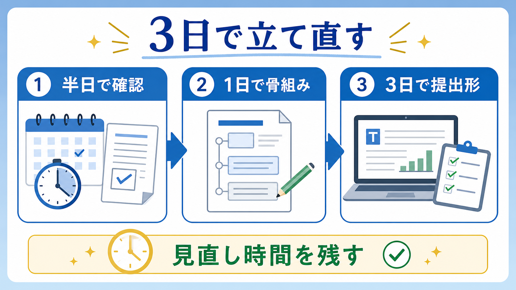 大学生がレポートを半日、一日、三日に分けて立て直す手順の図