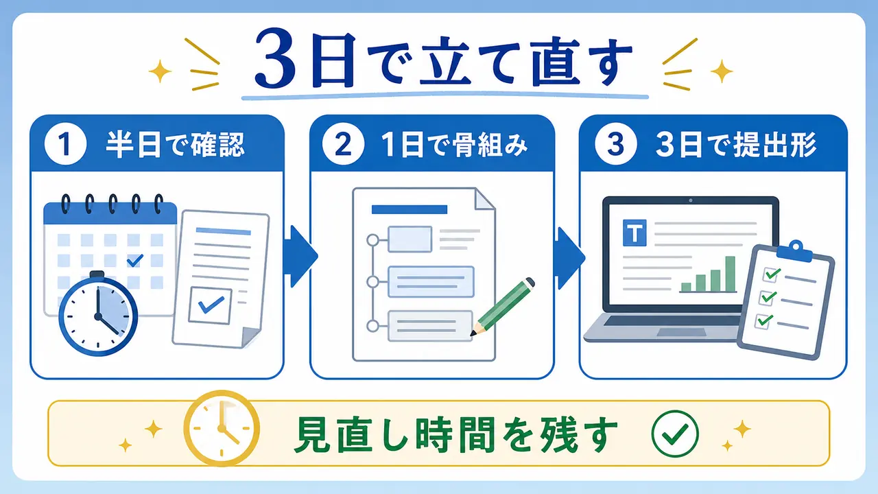 大学生がレポートを半日、一日、三日に分けて立て直す手順の図