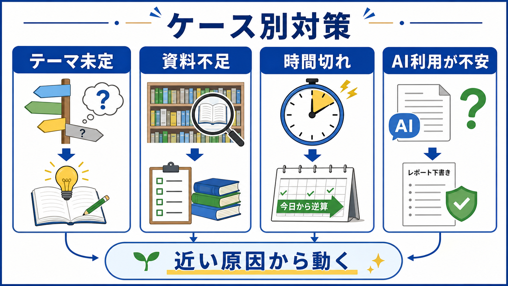 レポートでテーマ未定、資料不足、時間切れ、AI利用が不安なケース別に対策を分ける図