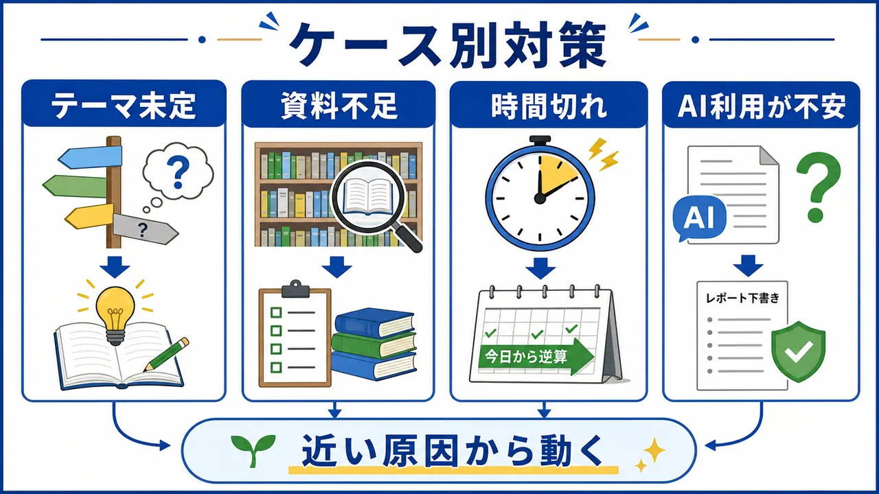 レポートでテーマ未定、資料不足、時間切れ、AI利用が不安なケース別に対策を分ける図