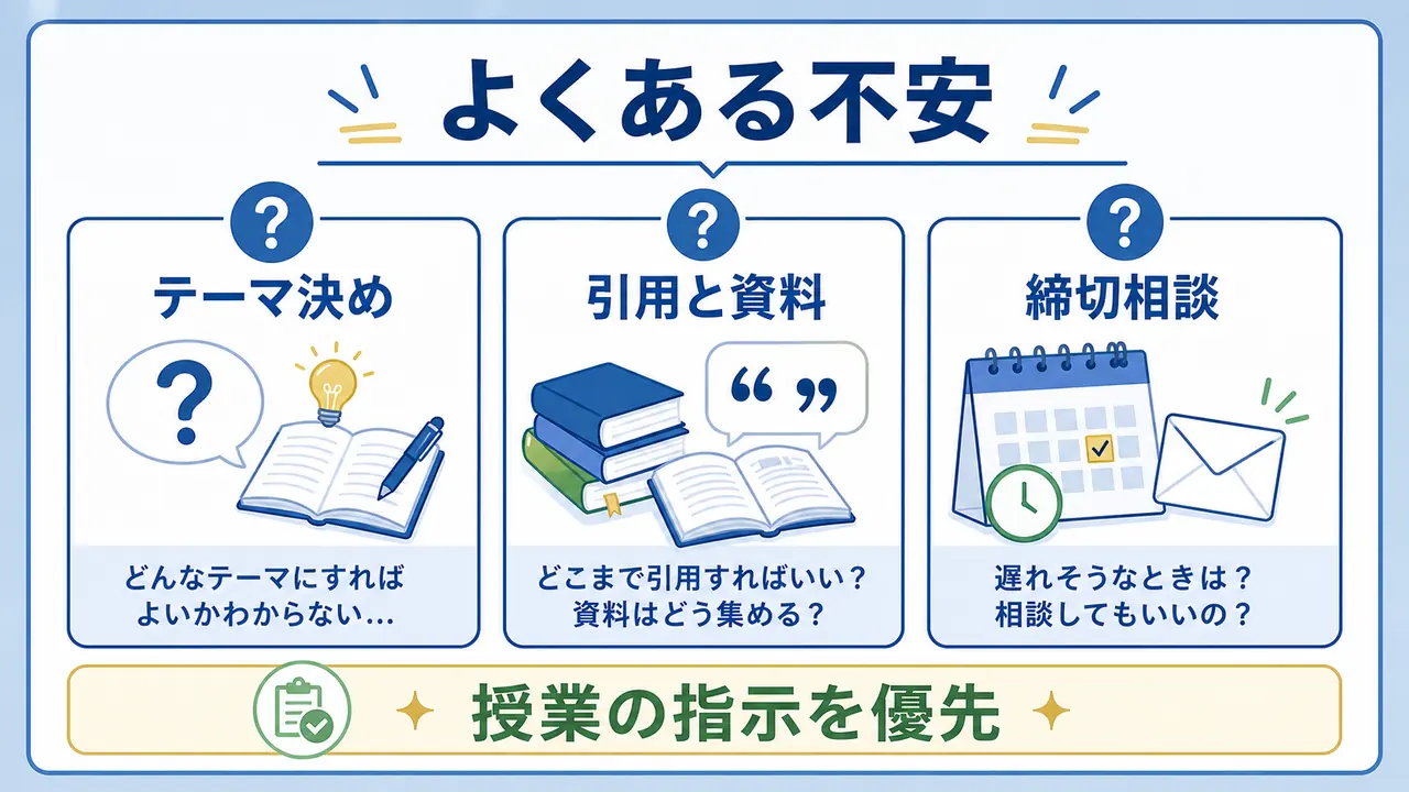 大学生のレポート課題で、テーマ決め、引用、締切、相談先の不安を整理する図