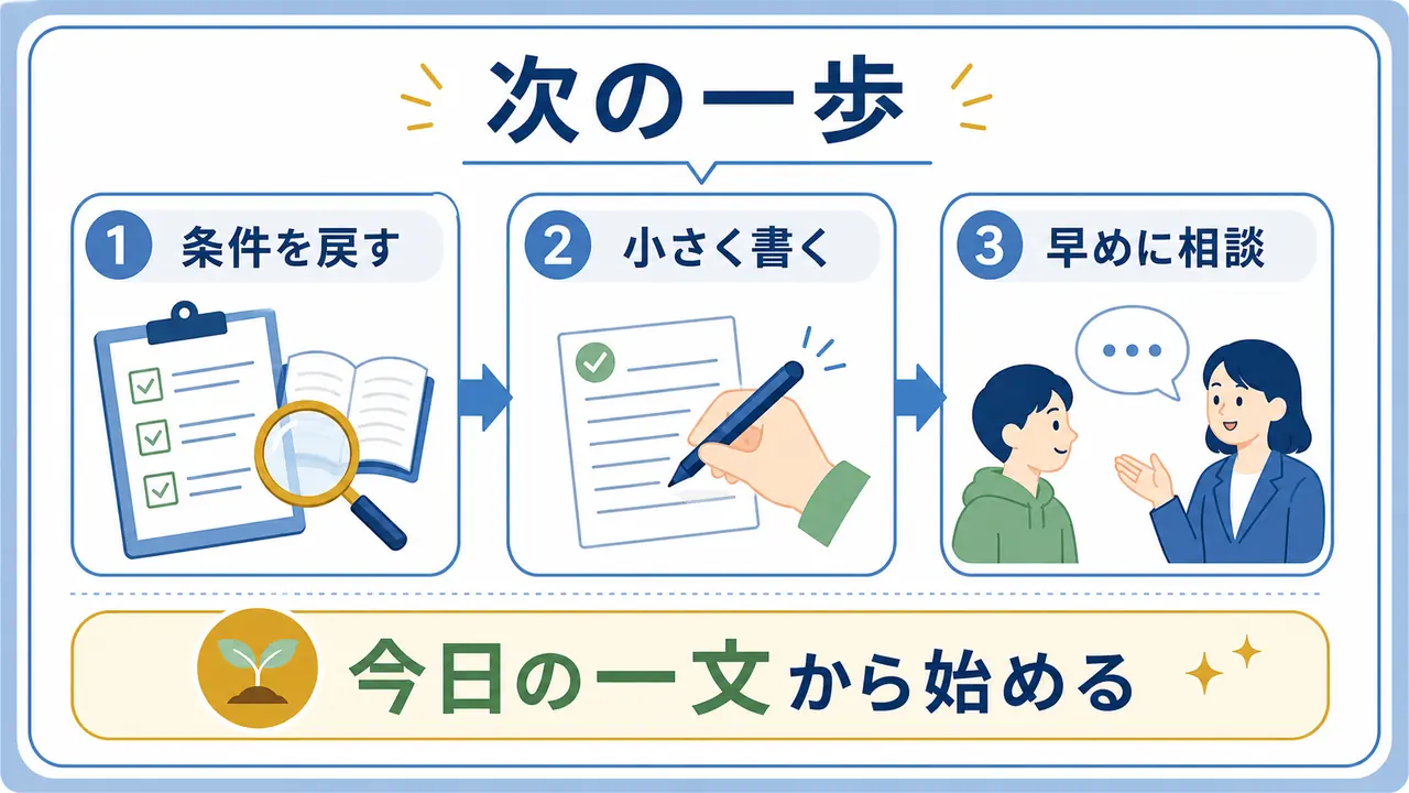 大学生がレポート課題を、条件確認、問い、資料、下書き、相談に分けて次の一歩を決める図