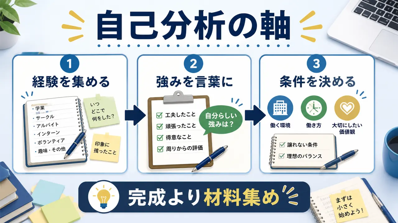 大学生が自己分析を経験、強み、働き方の条件に分けて整理する図