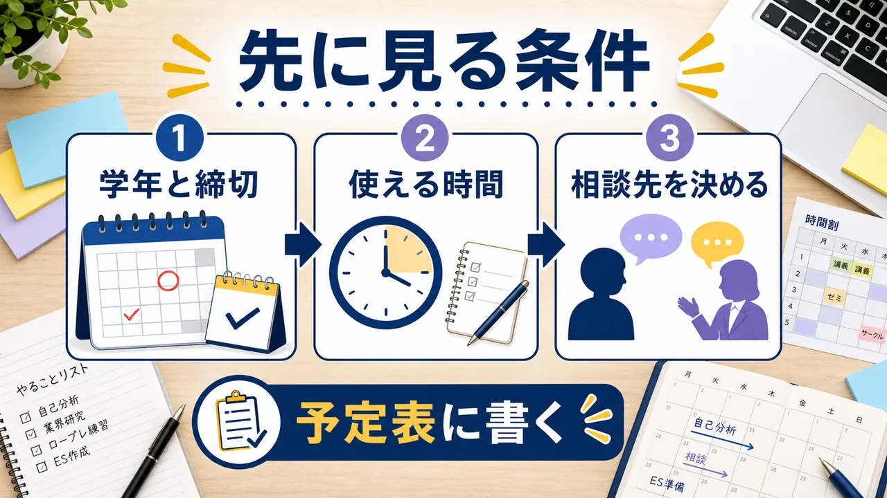 自己分析を始める前に学年、締切、使える時間、相談先を確認する図