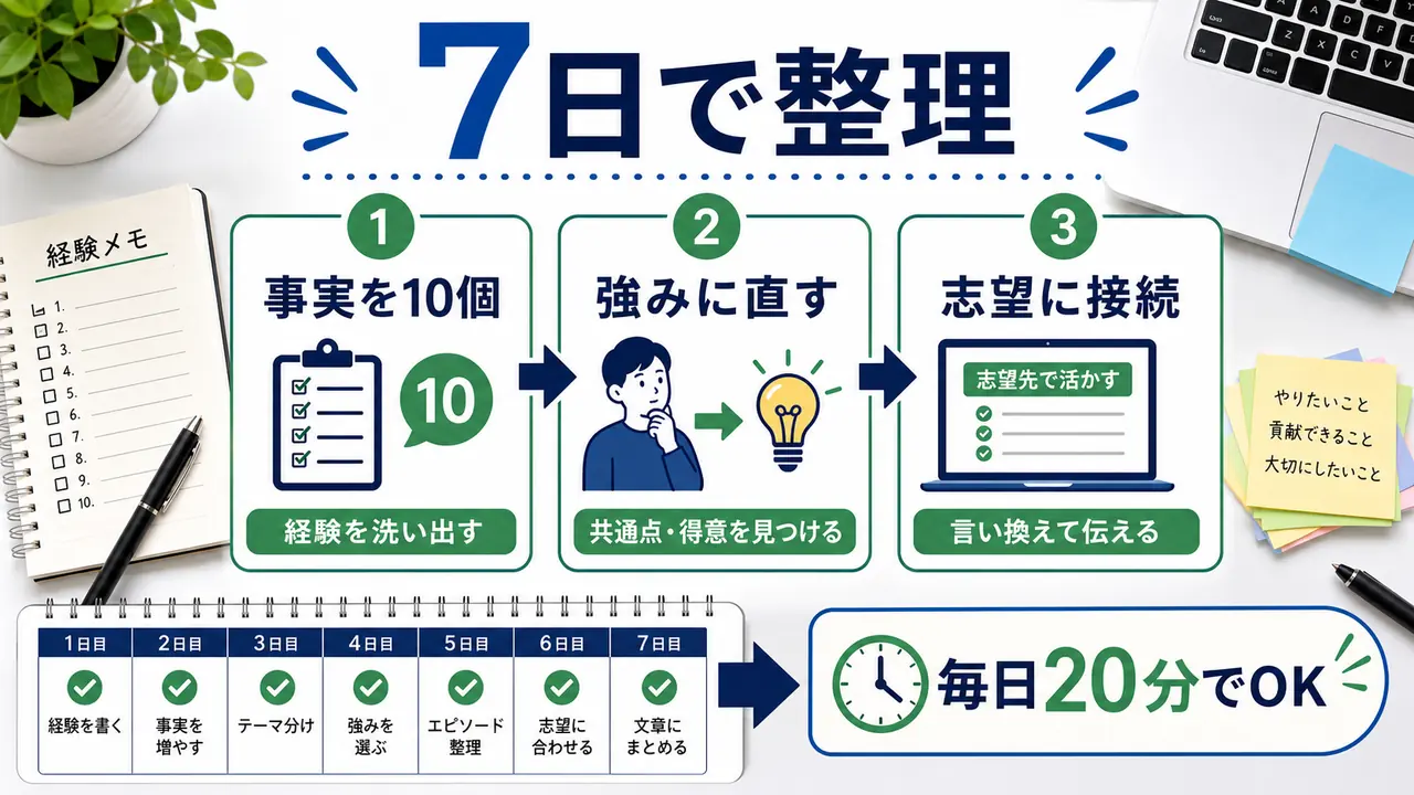 大学生が自己分析を7日間で進めるために事実、強み、志望先との接続を整理する図