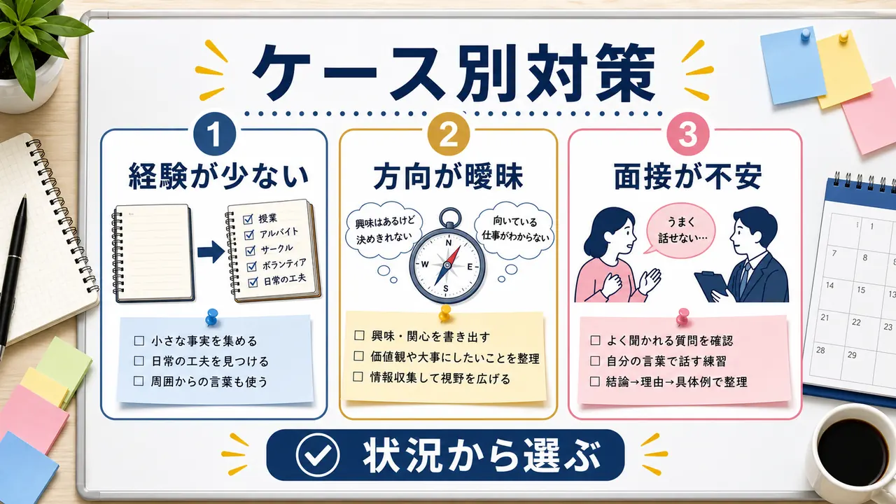 自己分析の悩みを経験が少ない、方向が曖昧、面接が不安なケースに分ける図