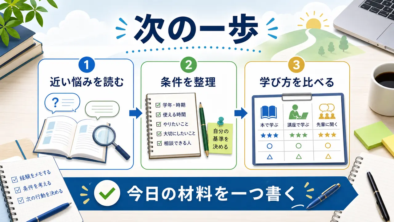 自己分析を終えた大学生が近い悩み、条件整理、学び方比較へ進む流れを示す図