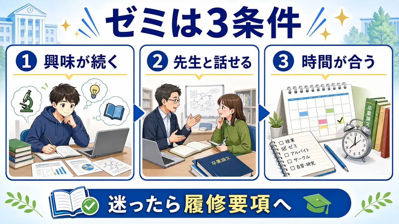 ゼミ選びで興味、先生との相性、時間の3条件を確認する図