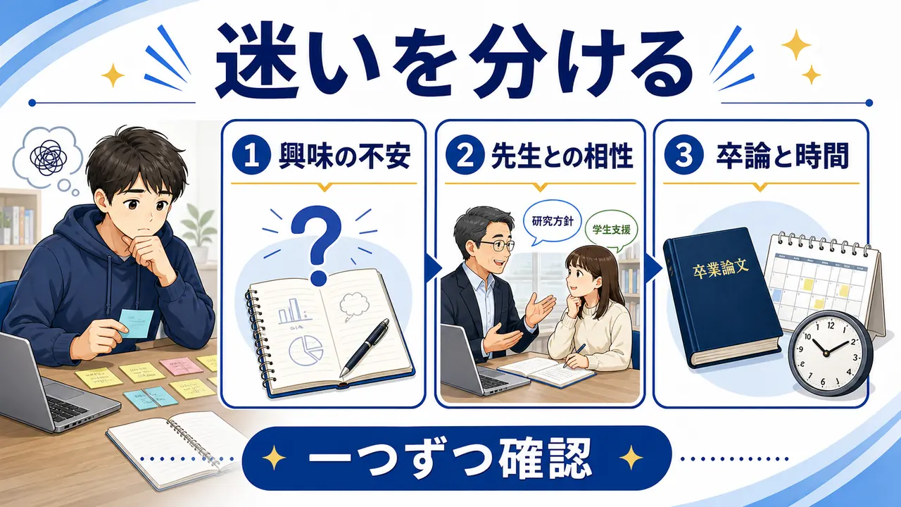 ゼミ選びの迷いを興味、先生との相性、卒論と時間に分ける図