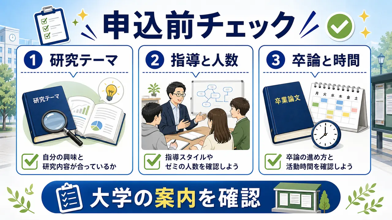 ゼミ申し込み前に研究テーマ、指導、人数、卒論、時間を確認する図
