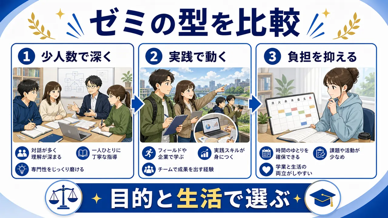 大学生が少人数ゼミ、実践系ゼミ、負担を抑える演習を比較する図