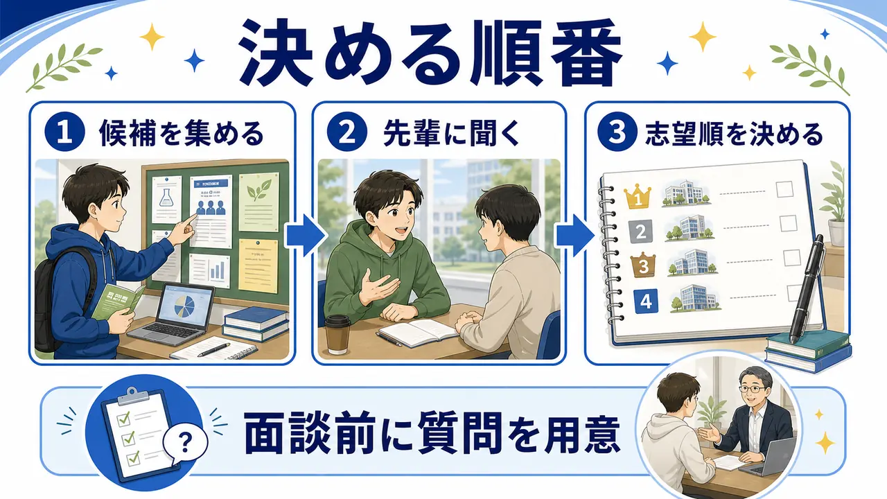 ゼミ選びで候補を集め、先輩に聞き、志望順を決める手順の図