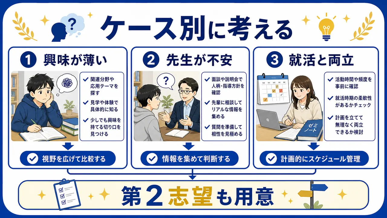 ゼミ選びで興味が薄い、先生が不安、就活と両立したいケースを分ける図
