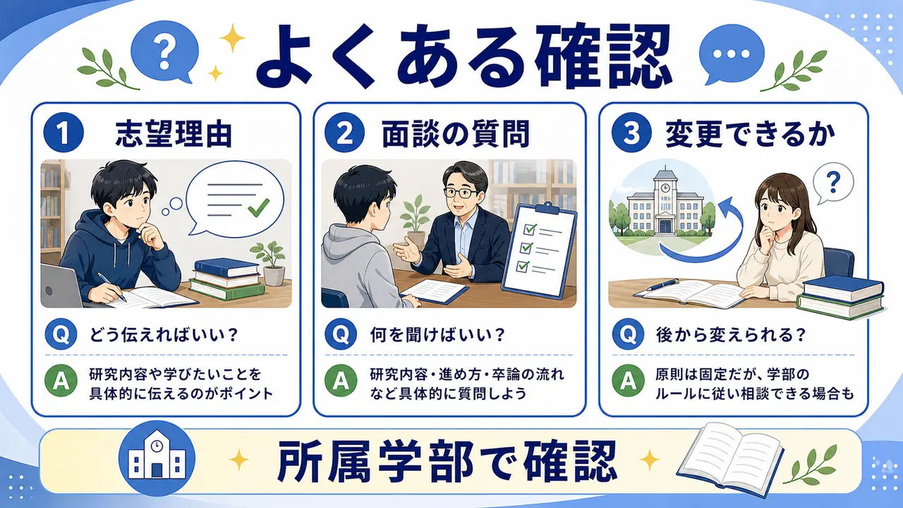 ゼミ選びの志望理由、面談、変更可否を確認するFAQの図