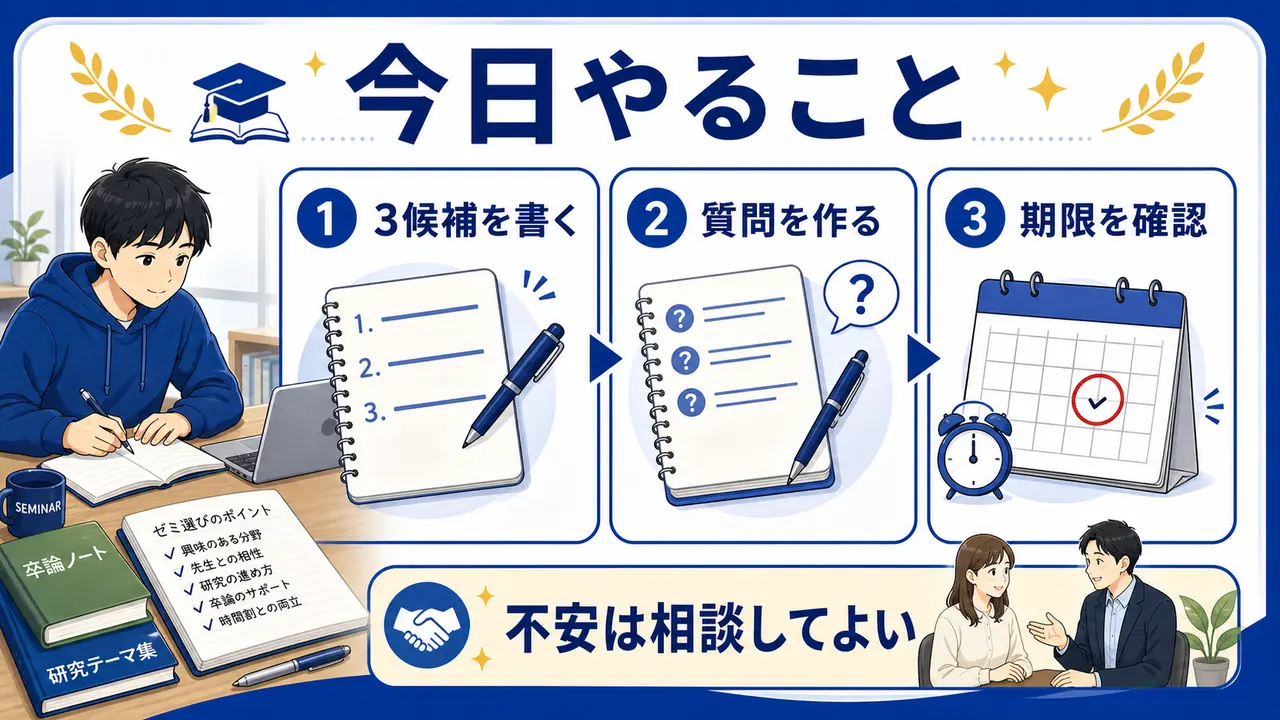 ゼミ選びで3候補を書き、質問を作り、期限を確認するまとめの図