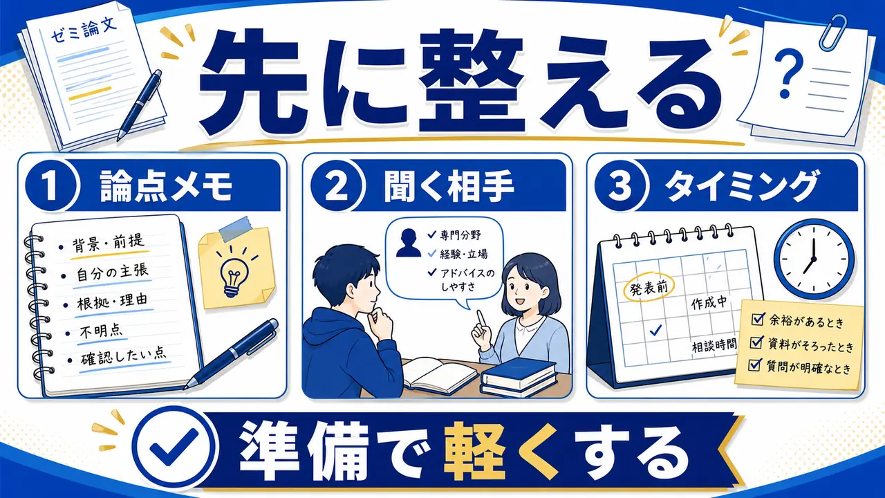 論点メモ、聞く相手、タイミングを先に整える図
