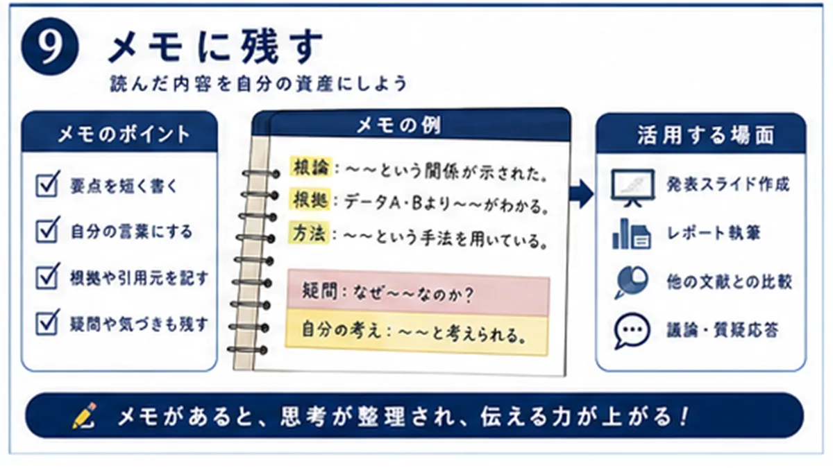 文献の問いと根拠を発表メモに残す図