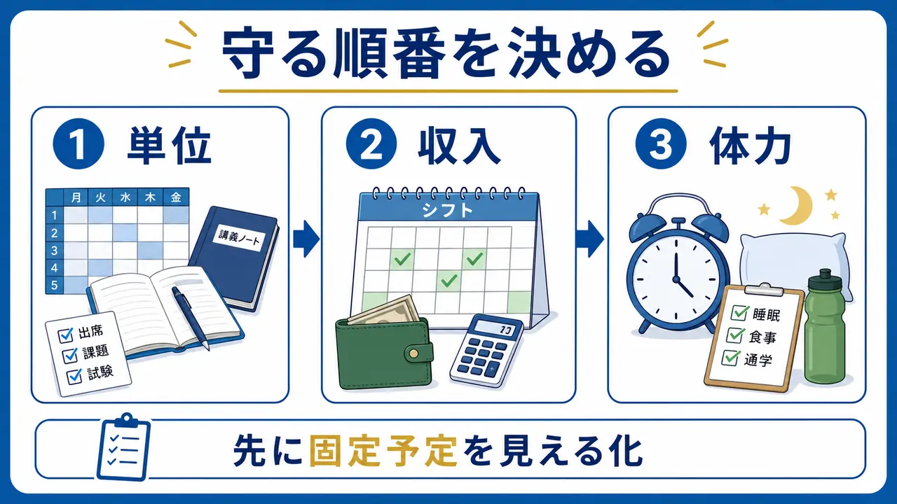 大学生が学業とアルバイトの両立で、単位、収入、体力の順に守る条件を決める図