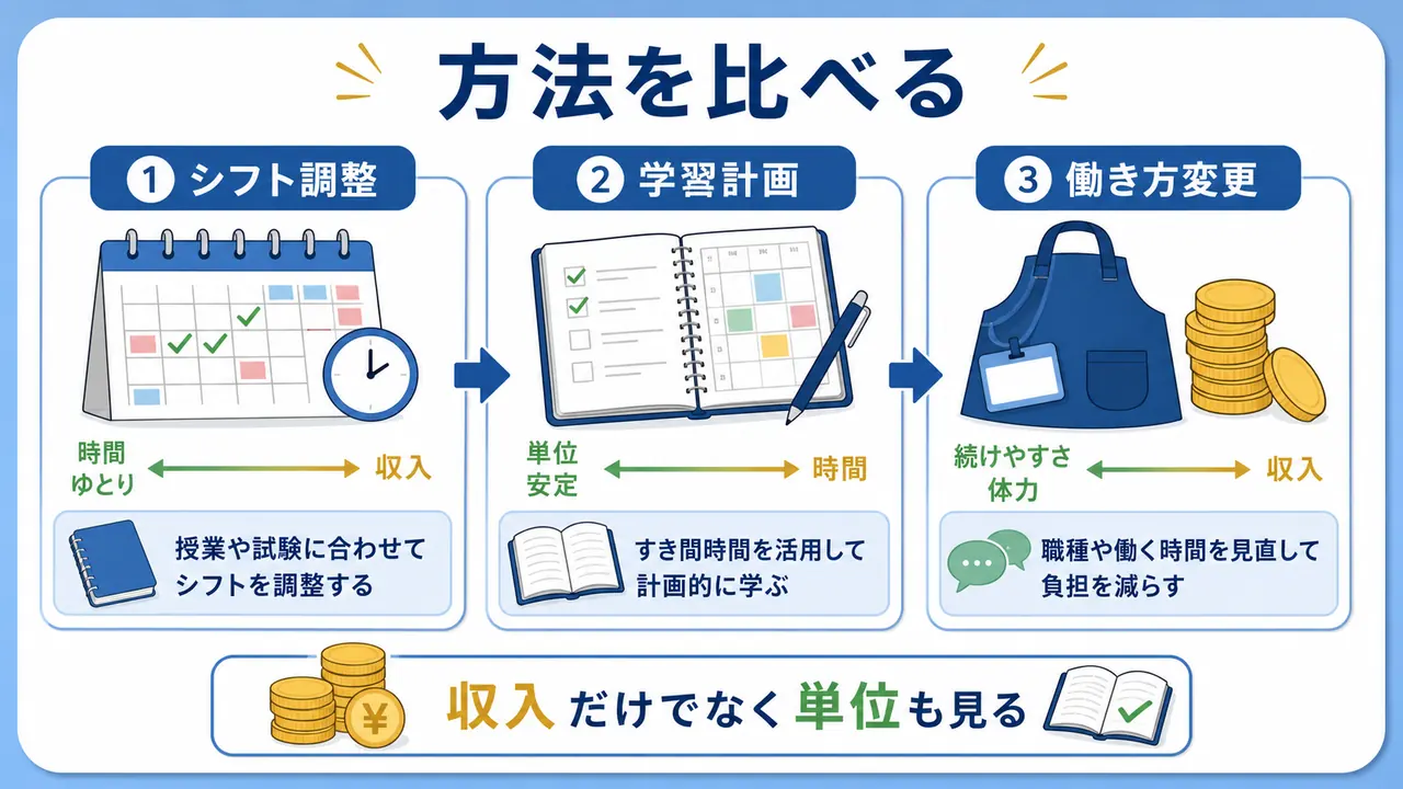 大学生が両立方法を、シフト調整、学習計画、働き方変更で比較する図