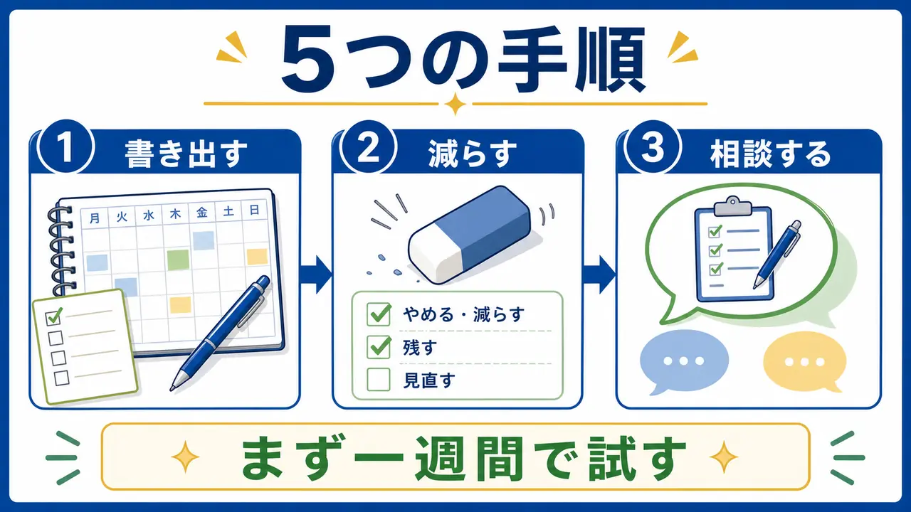 大学生が一週間の予定を書き出し、減らす時間と相談先を決める手順の図