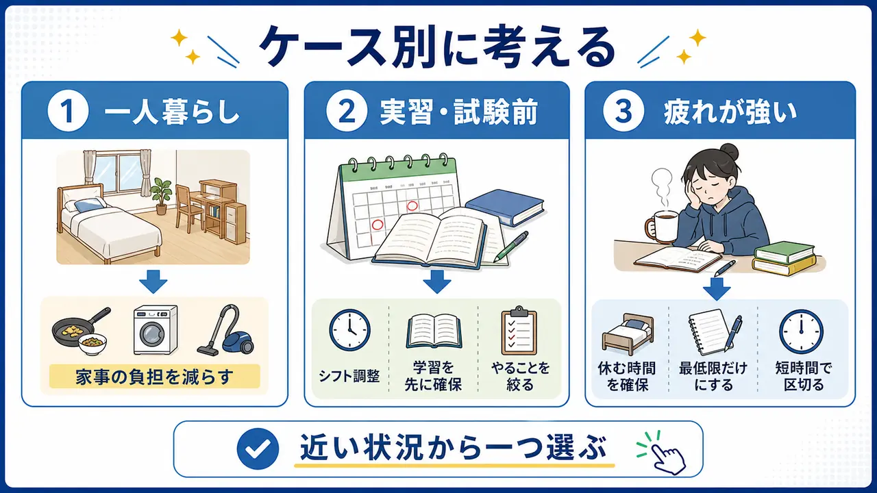 一人暮らし、実習や試験前、疲れが強い大学生のケース別に両立を考える図