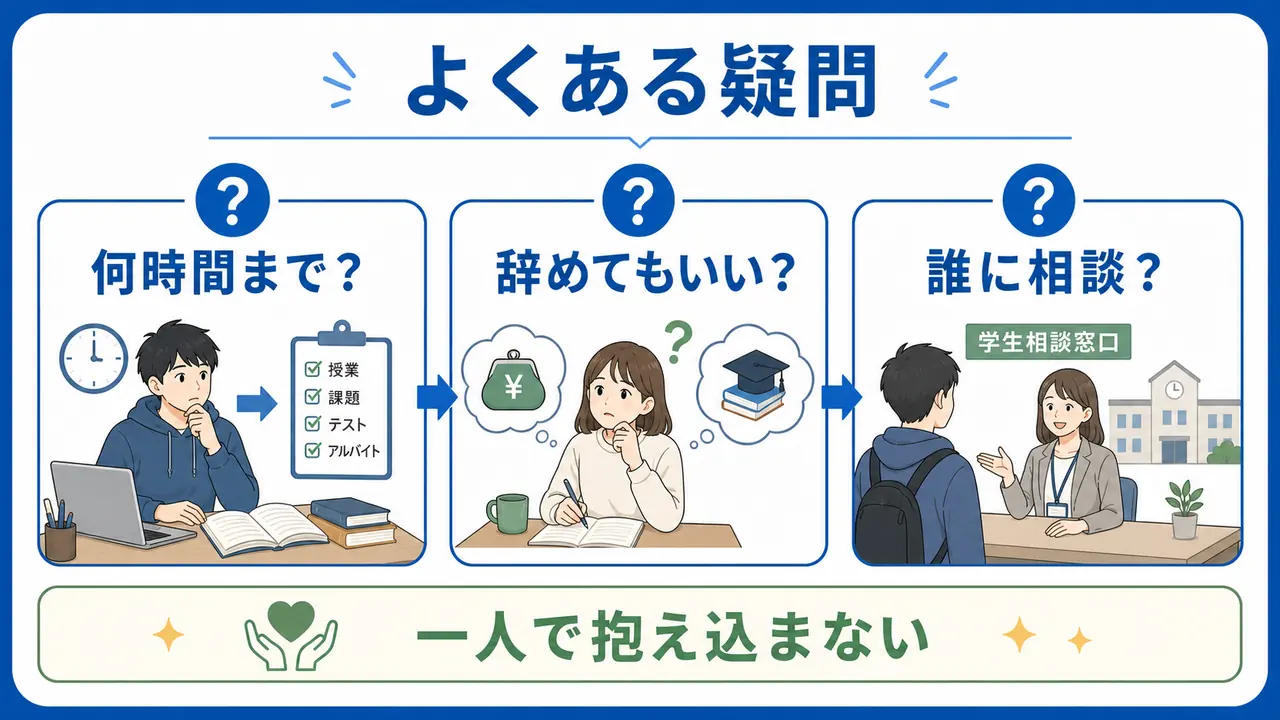大学生の学業とアルバイトの両立で、働く時間、辞める判断、相談先を整理した図