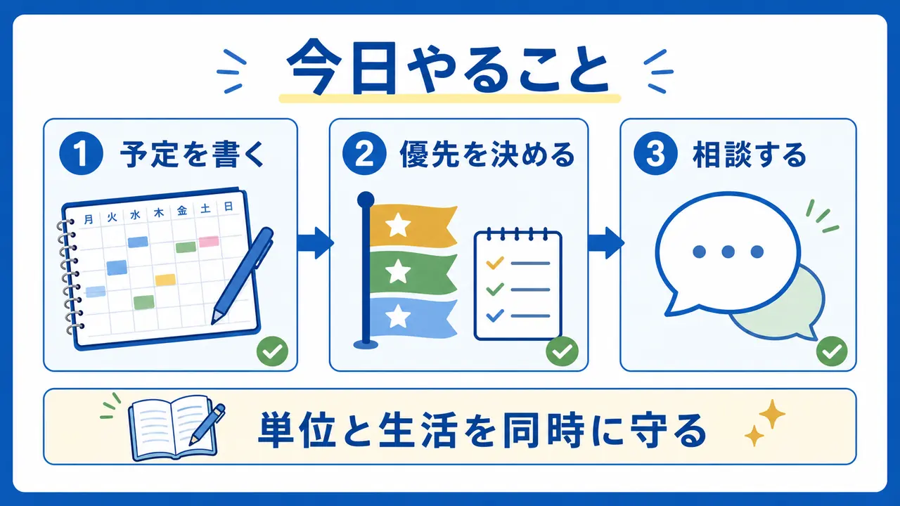 大学生が学業とアルバイトを両立するために、予定を書く、優先を決める、相談する流れを示した図