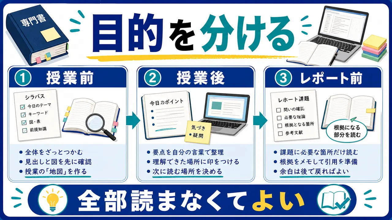 専門書を授業前後とレポート前に分けて読む図