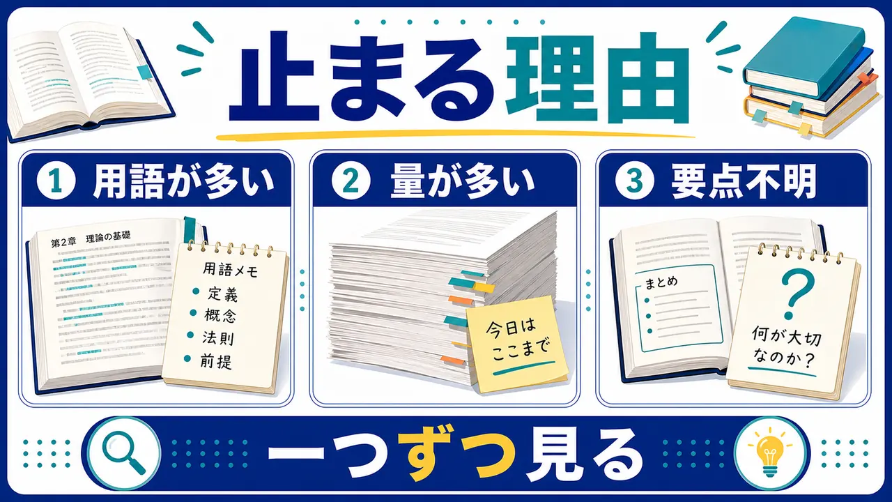用語、論点、量、時間のつまずきを分ける図