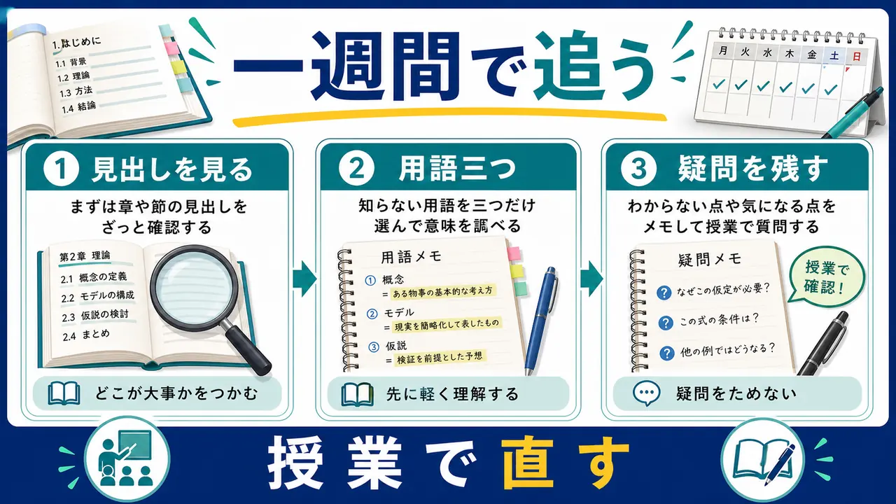専門書の読み方を一週間で整えるステップ図