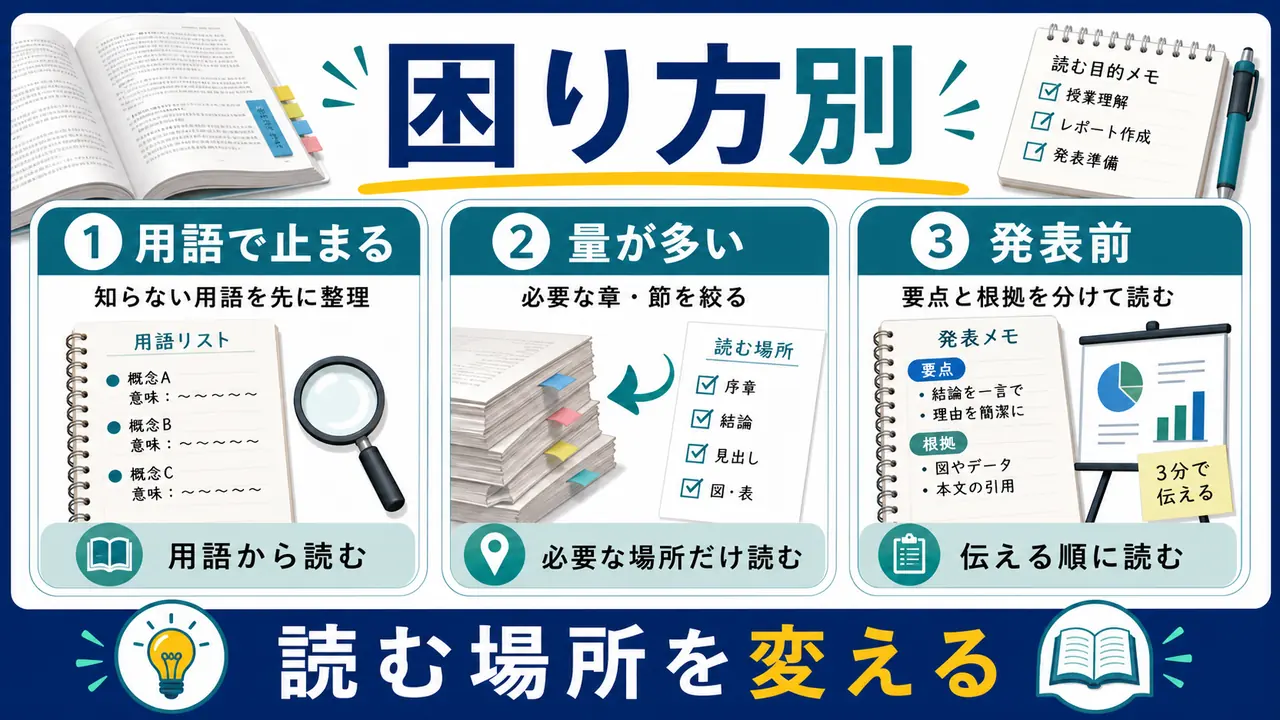 用語が難しい、量が多い、眠い、発表前のケース図