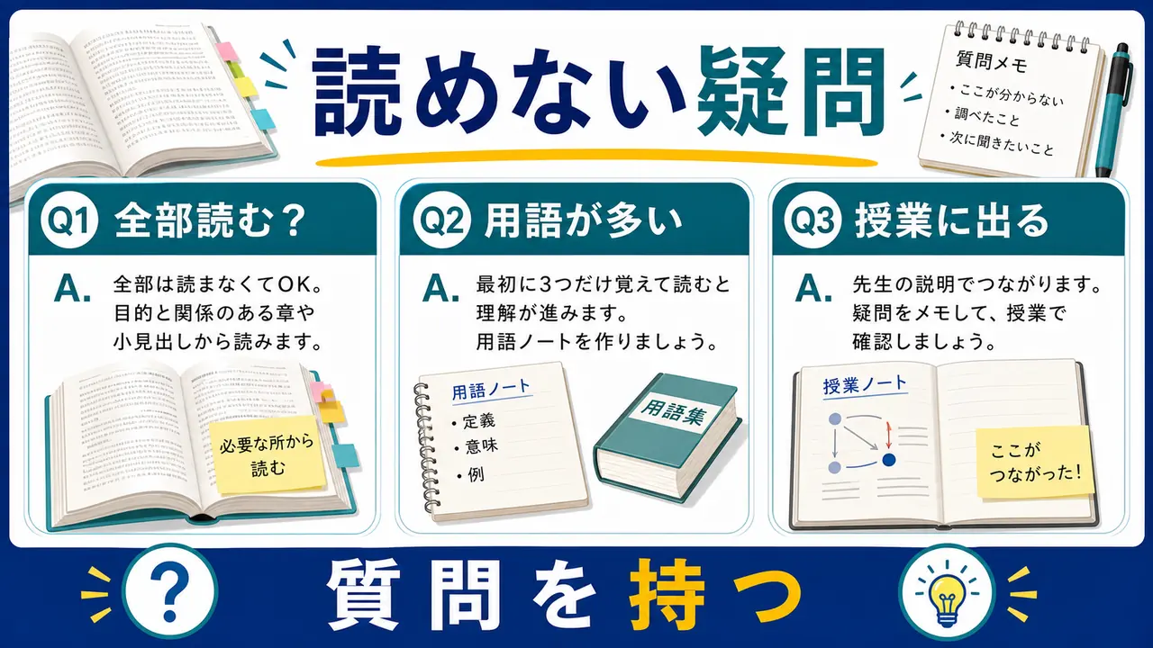 専門書が読めない大学生の質問を整理する図