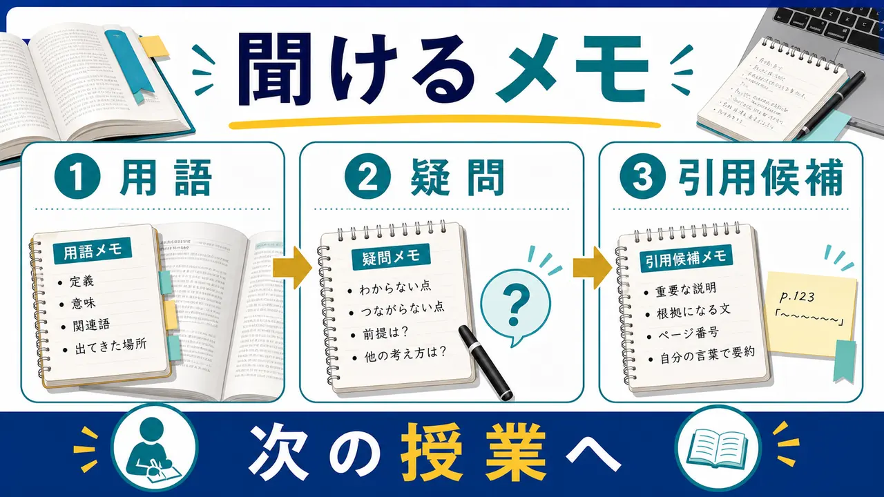 専門書の疑問メモを次の授業へ持っていくまとめ図