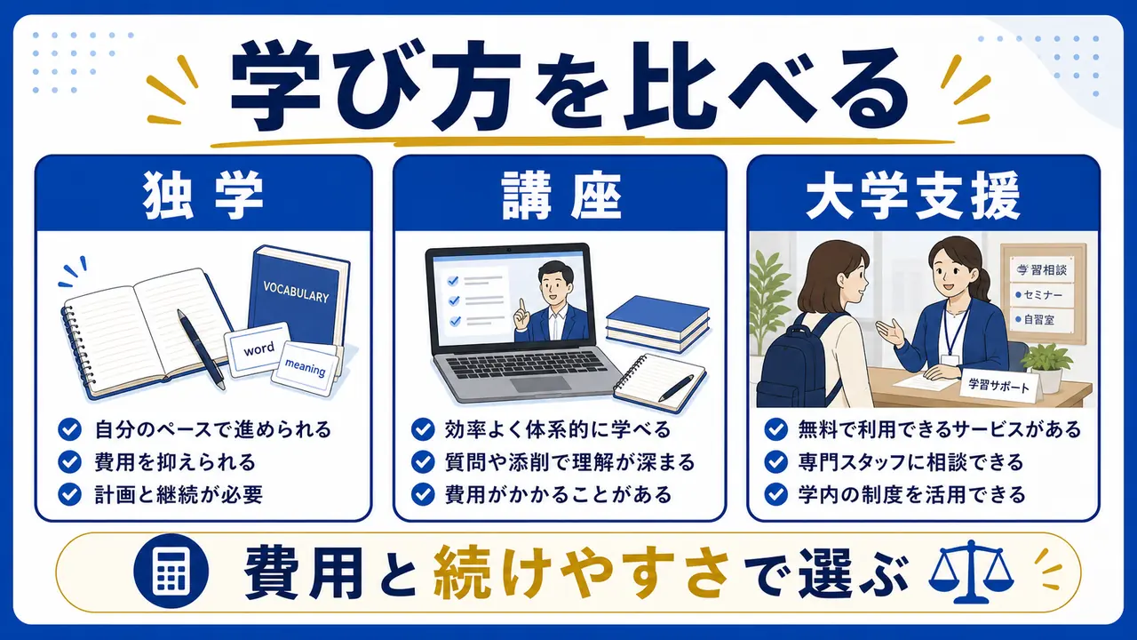 大学生のTOEIC対策で、独学、講座、大学支援を比べる図