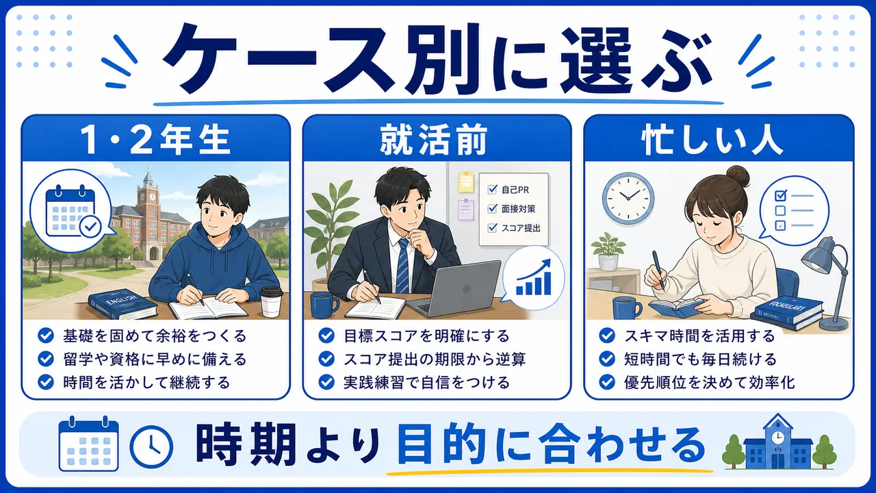 大学1・2年生、就活前、忙しい人のTOEIC開始時期を分けて考える図