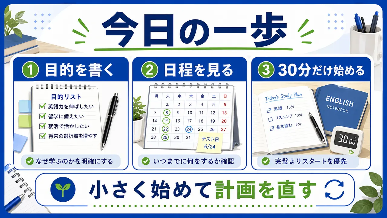 大学生がTOEIC対策を今日から始めるために、目的、日程、30分の行動を決める図