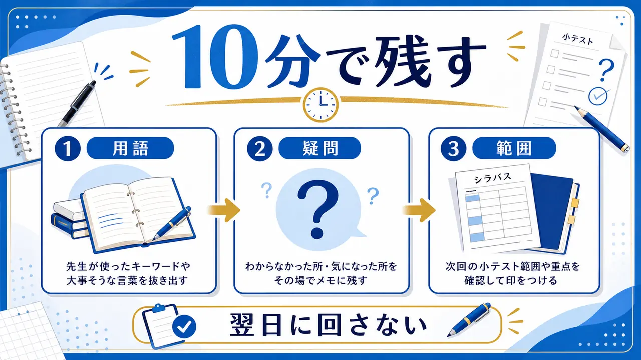 大学生が小テスト前に授業後10分の復習メモを作る図