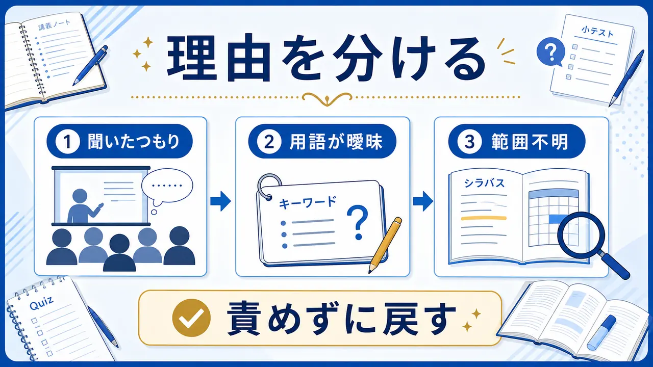 講義内容、用語、資料、復習不足のつまずきを分ける図