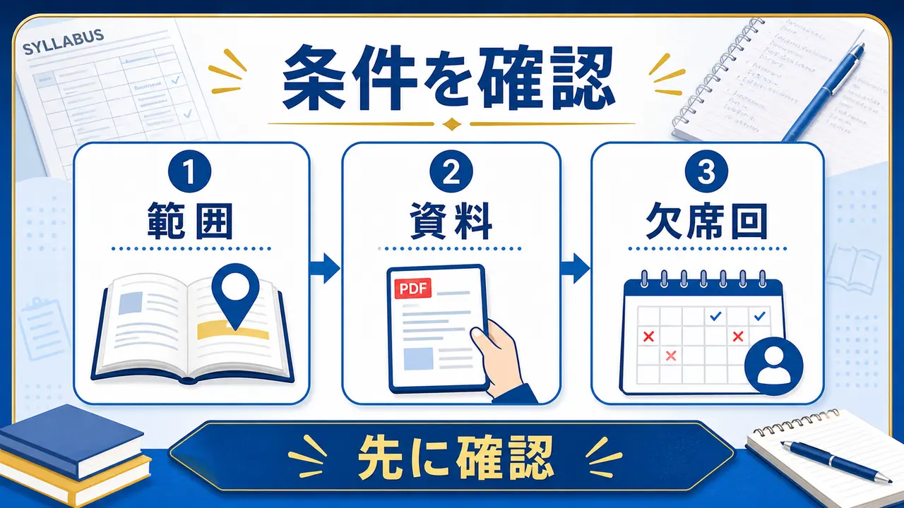 小テスト範囲、評価方法、資料、欠席回を確認する図