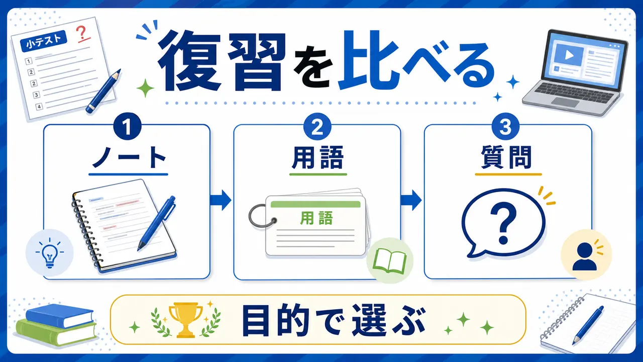 ノート整理、用語説明、問題演習、質問の方法を比較する図