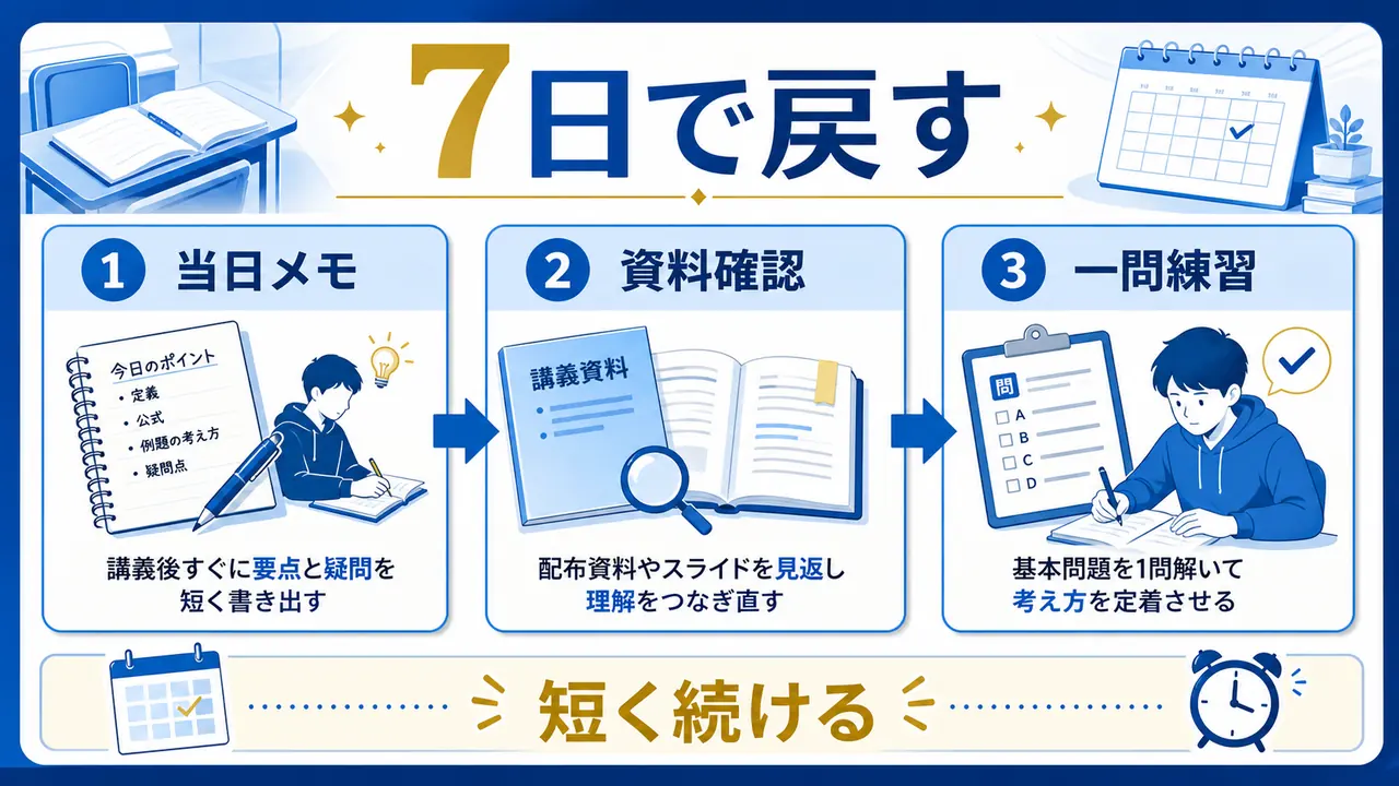 小テストまでの7日間の復習手順を示す図