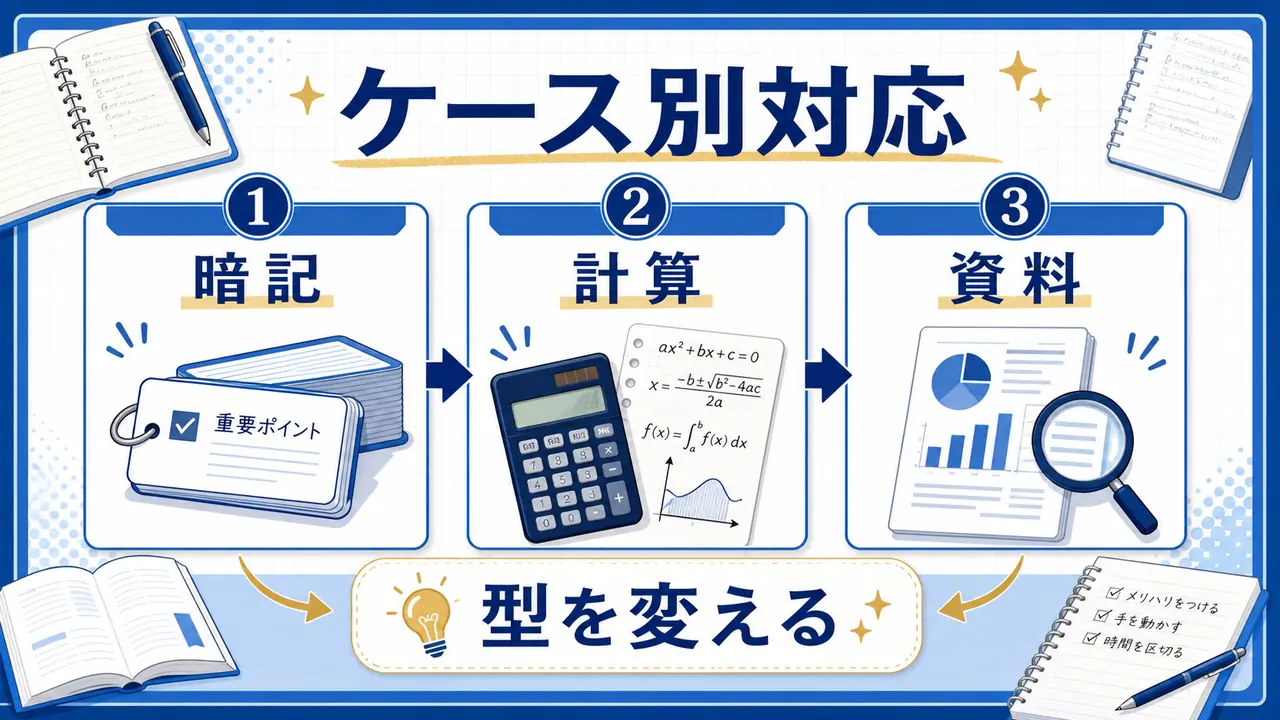 暗記型、計算型、資料型、欠席回ありのケース図
